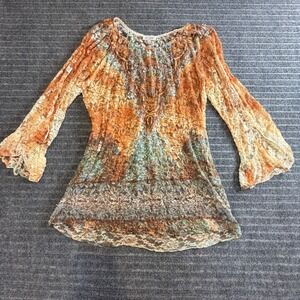 Vintage Cover Charge Sheer Lace Bell Sleeve Tunic L Boho Fairycore Made in USA